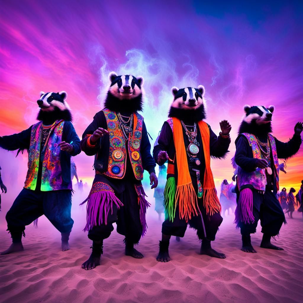 a bunch of badgers dressed in hippie and punk gear, dancing genetically to trance music at the Burning Man festival