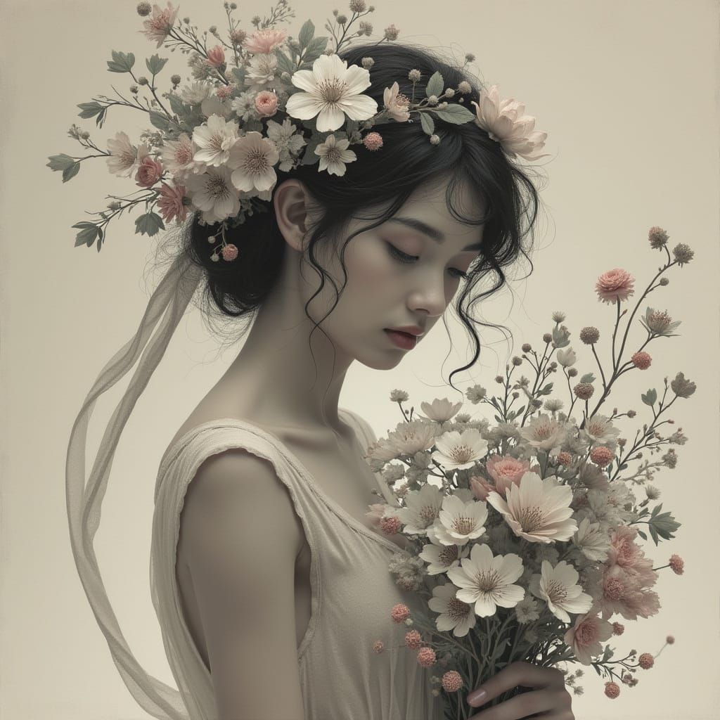 Delicate Woman with Magical Bouquet in Grayscale