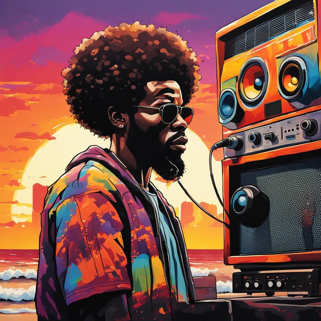 37 years old black man with an afro and a short beard listen...