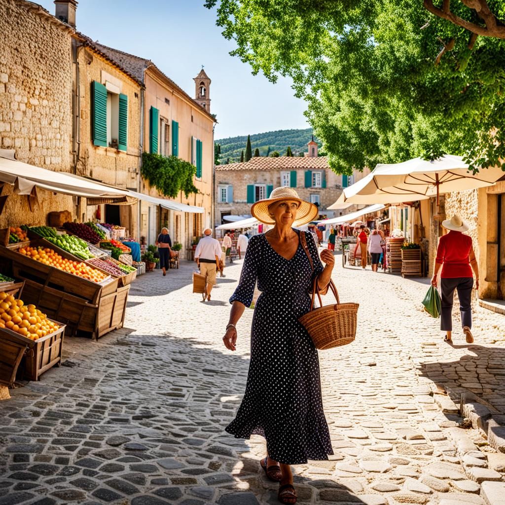 A woman strolling on the market square of a village of Prove...