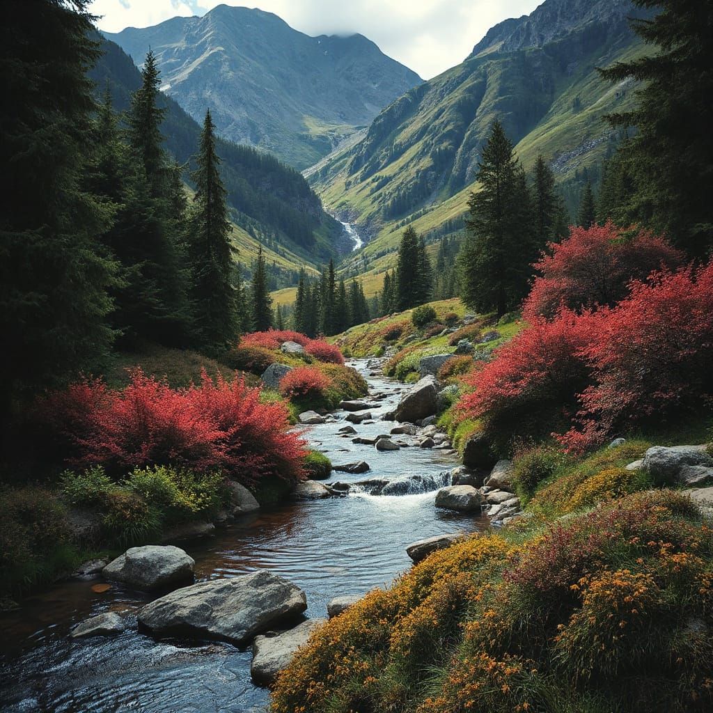 A mountain spring, set in a cool but lush hillside landscape, surrounded by multicolored vegetation, flowing with the best wine