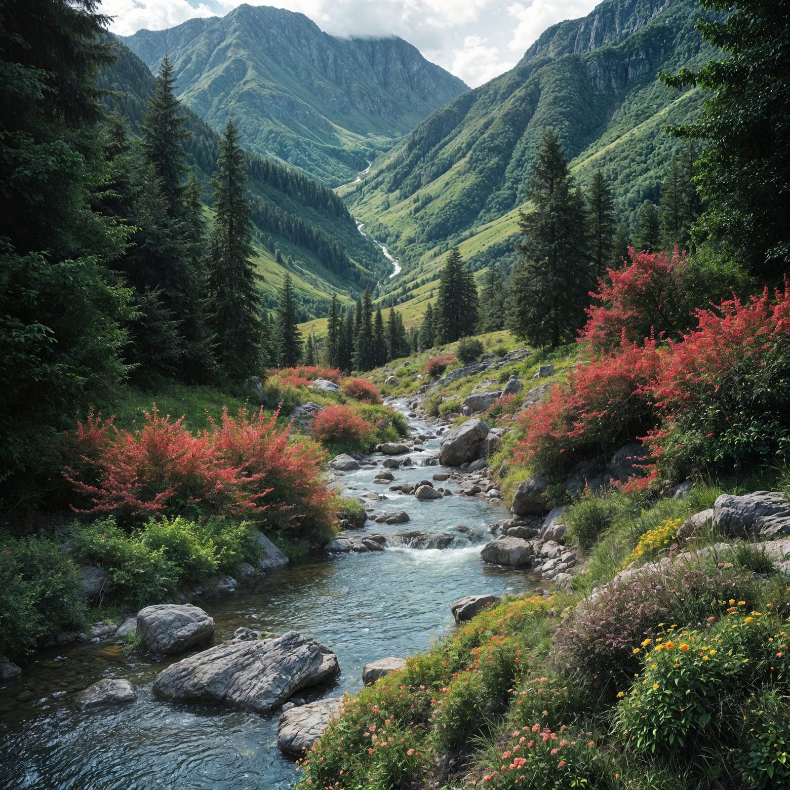 A mountain spring, set in a cool but lush hillside landscape, surrounded by multicolored vegetation, ...  by @SirEdmund