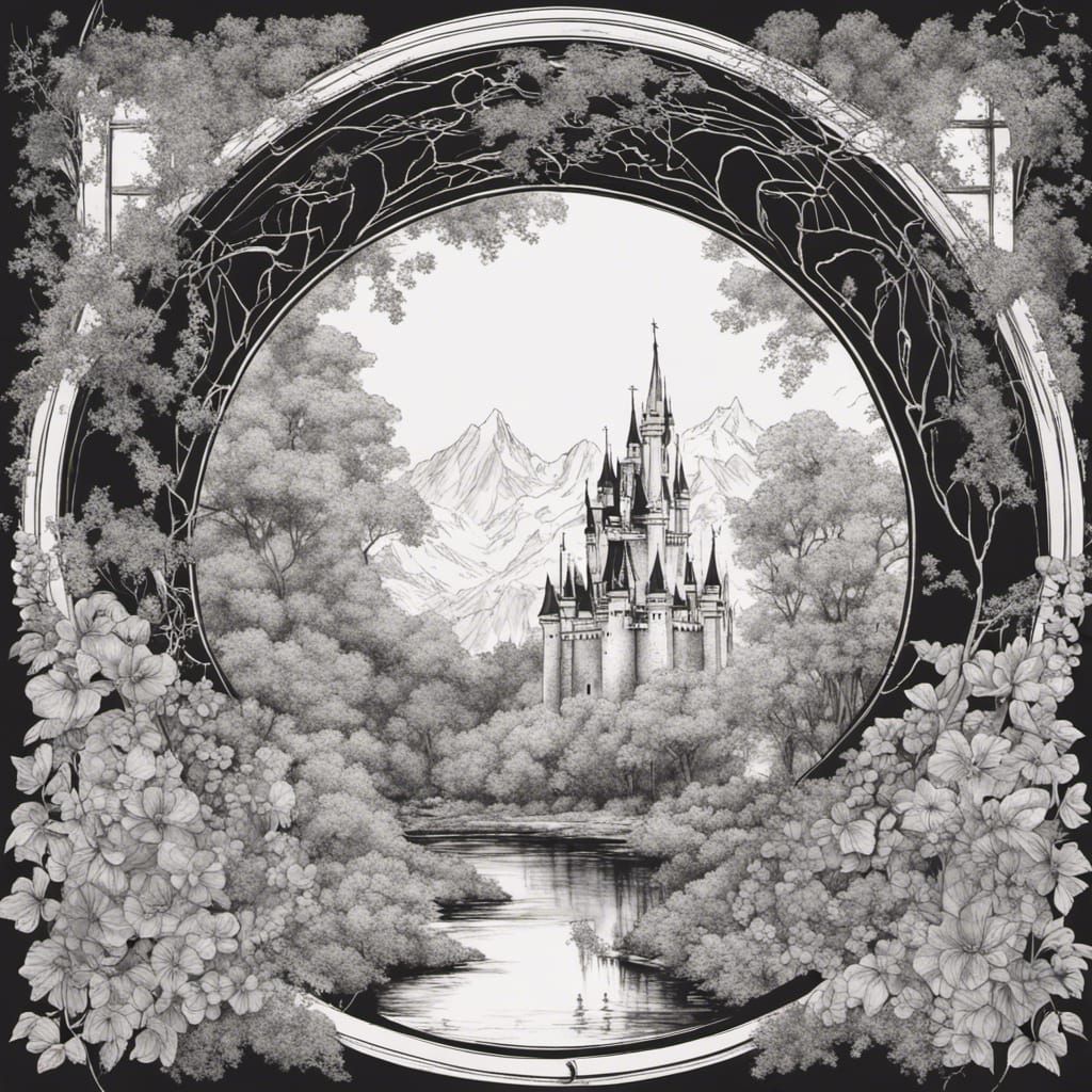 A beautiful detailed white and black ink drawing of a Cinderella castle in a forest looking through a ...  by @Maui kinepela
