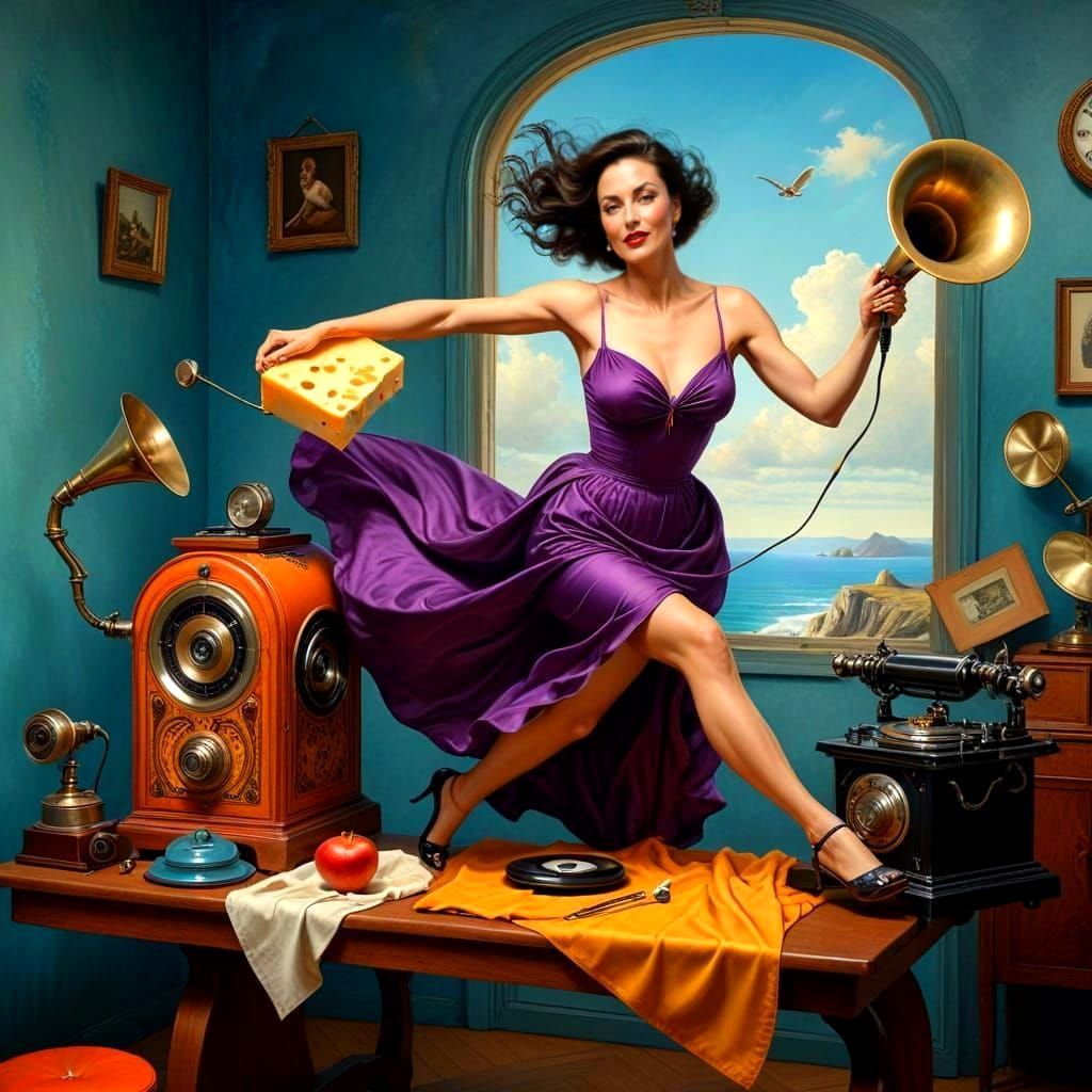 Dynamic Portrait of a Happy Woman in Surreal Scene