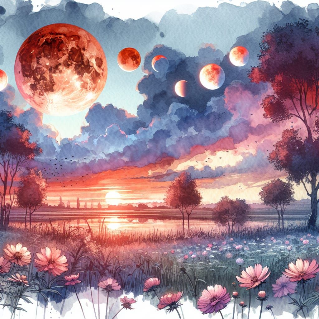 bloodmoon Digital watercolor Illustration of a summerscape s...