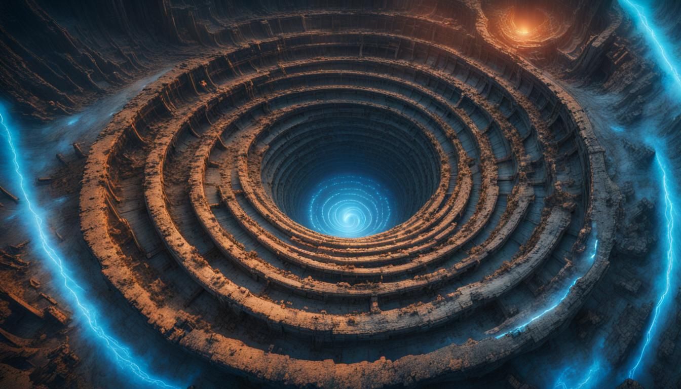 long exposure time, lowkey, post apocalyptic distopian setting with a monstrous huge mystical anomaly in the center,blue light stripes glowi...