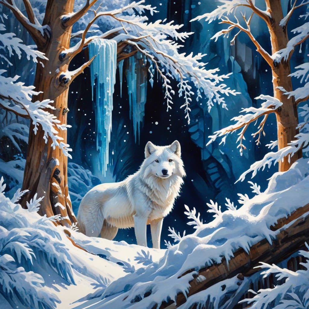 Cozy Winter Scene with White Wolf in Gouache Style