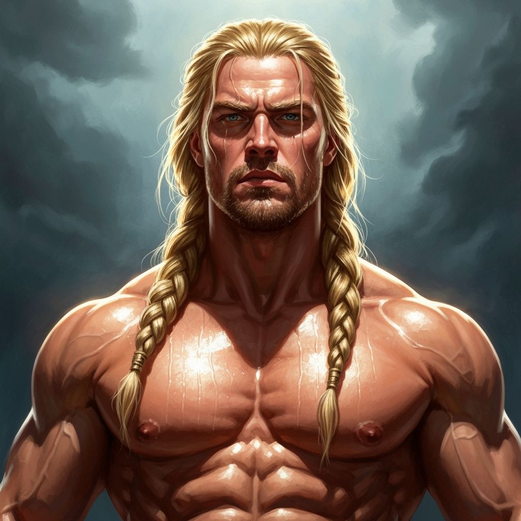 close up of shirtless, handsome Thor face and neck