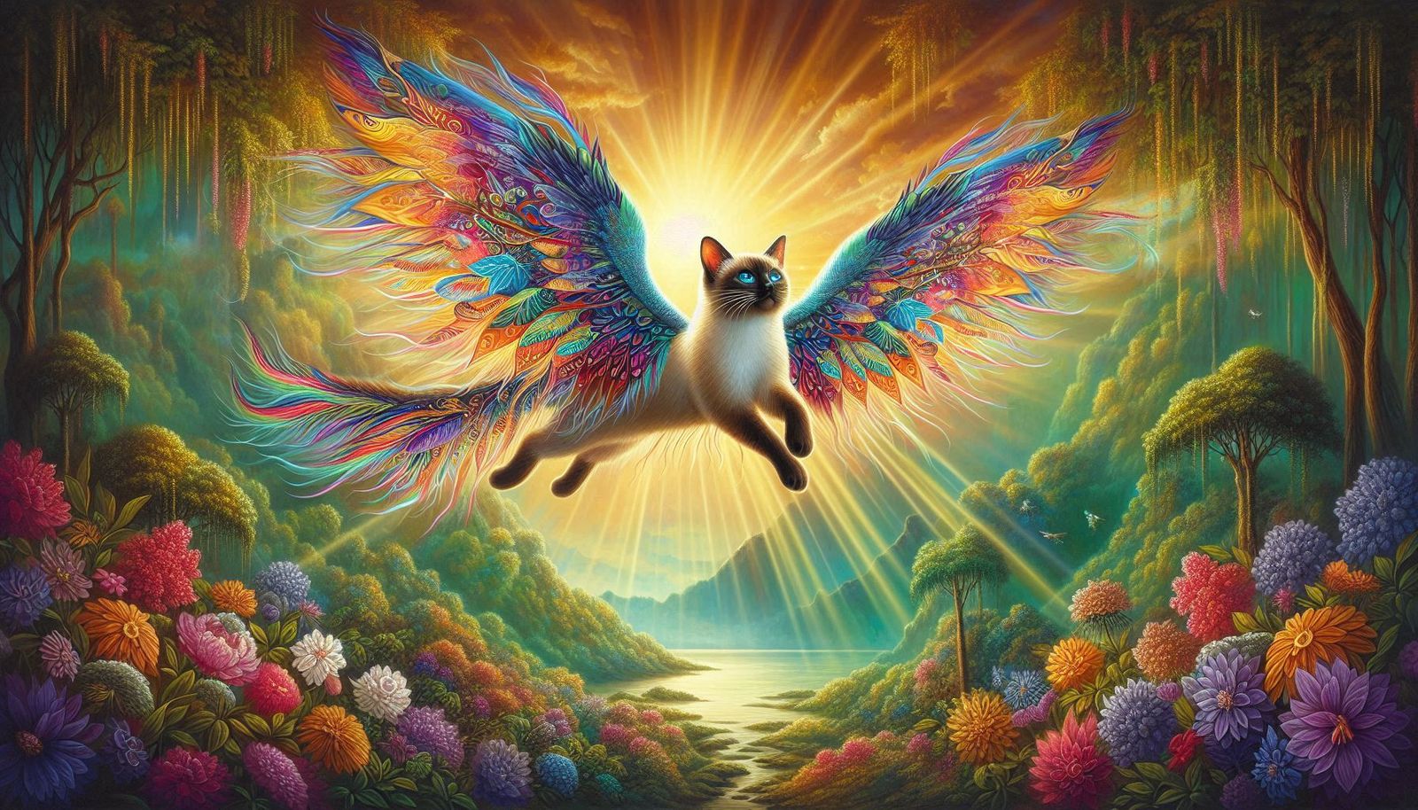 Siamese Cat with colorful wings.