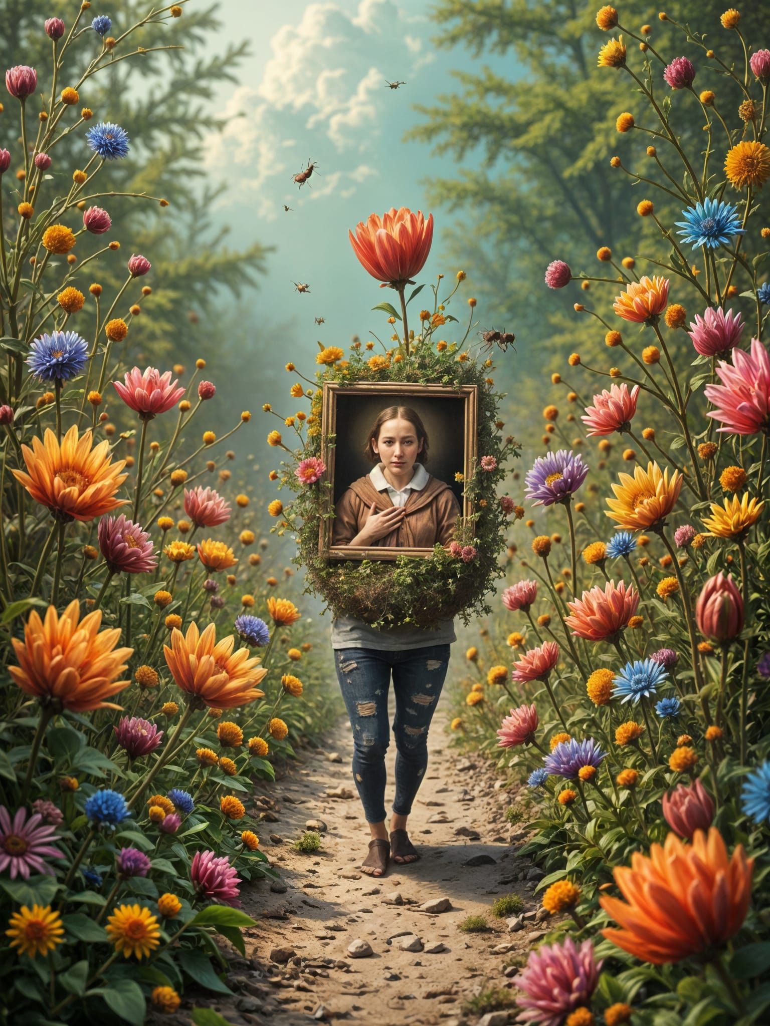 <lora:GullyFlux:1.0> A paradoxical scene where a small ant carries a miniature, perfectly rendered Dutch Renaissance-style portrait on its b...