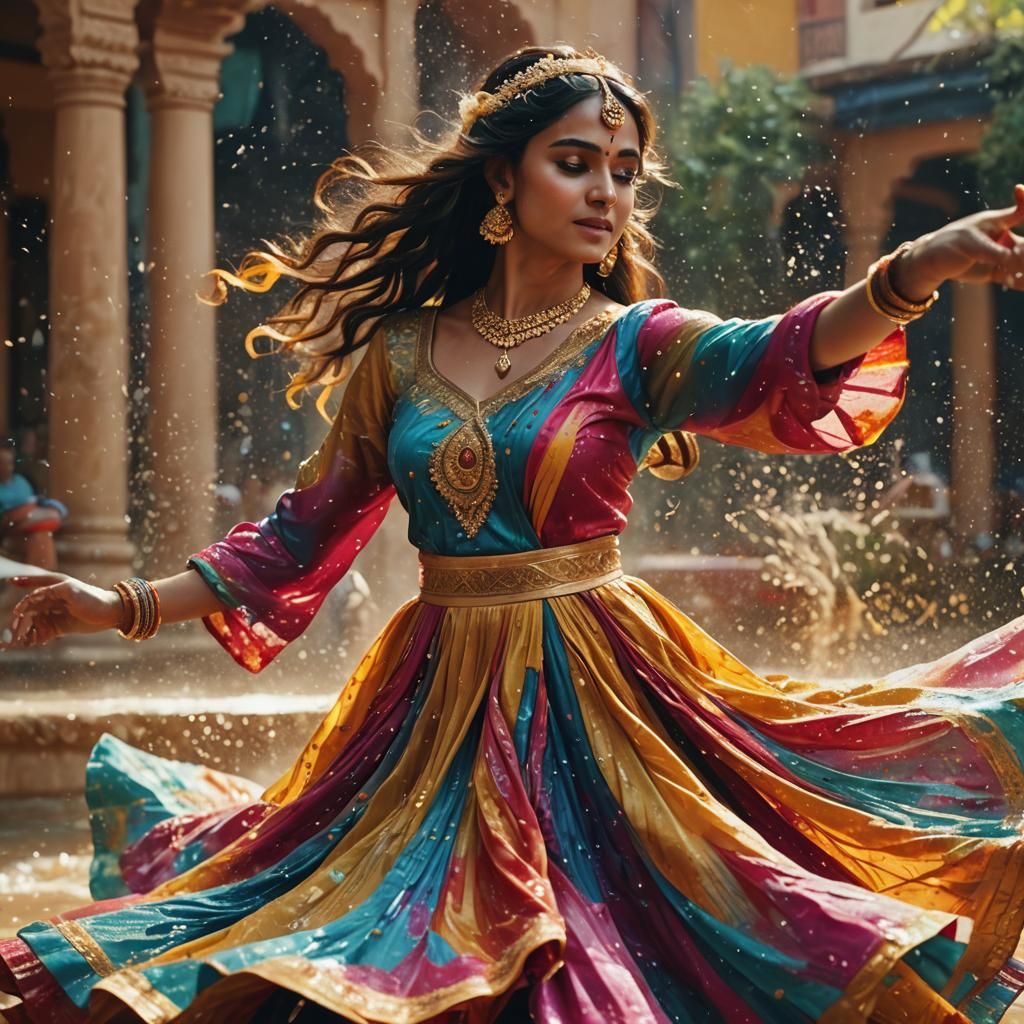 Create an photorealistic hd image of an Indian princess dancing joyfully in a vibrant, colorful dress that resembles a dynamic water splash....