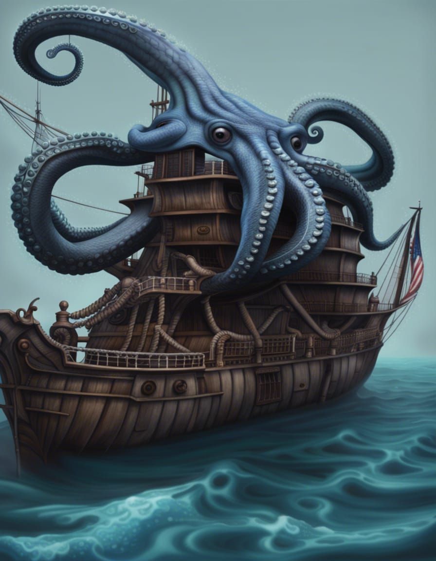 Kraken, Ship, Hyperrealistic, Photorealistic, Detailed, Intricate - Ai 