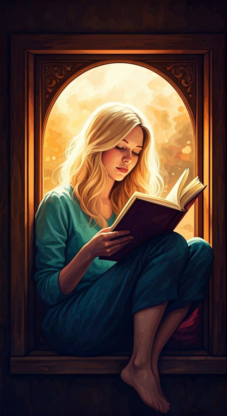 A beautiful blonde woman was reading in her book nook, a little niche within the window extension of the house. It's one of her favourite pl...