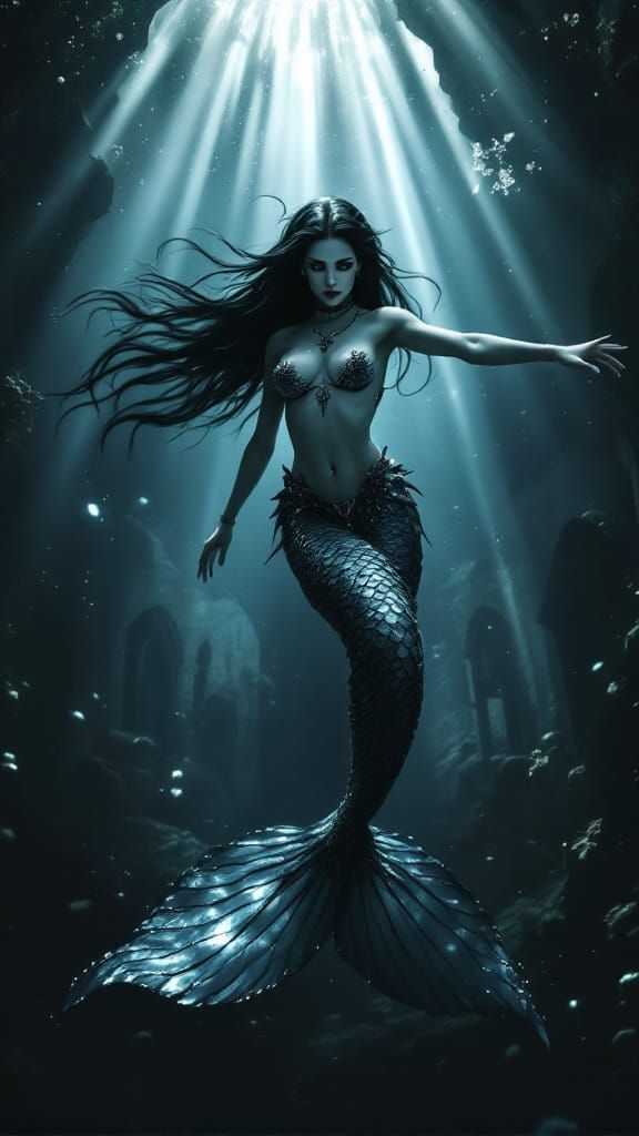  Full-body gothic mermaid Ariel swimming gracefully in the deep sea, her long dark hair flowing with the currents and tail shimmering with m...