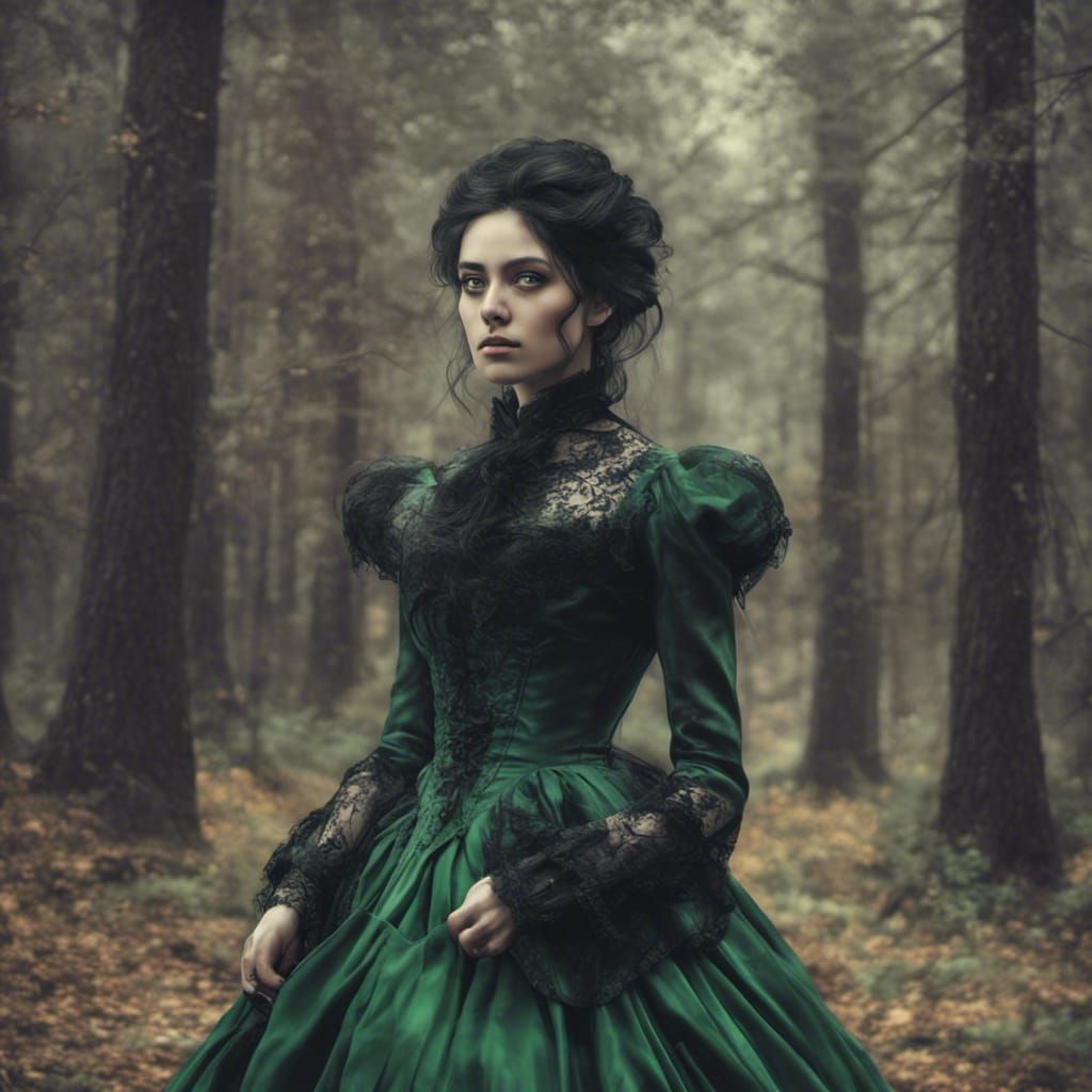 A girl with black hair, completely black eyes, her hair is blowing by the wind, she is in a forest, she looks like a gho...