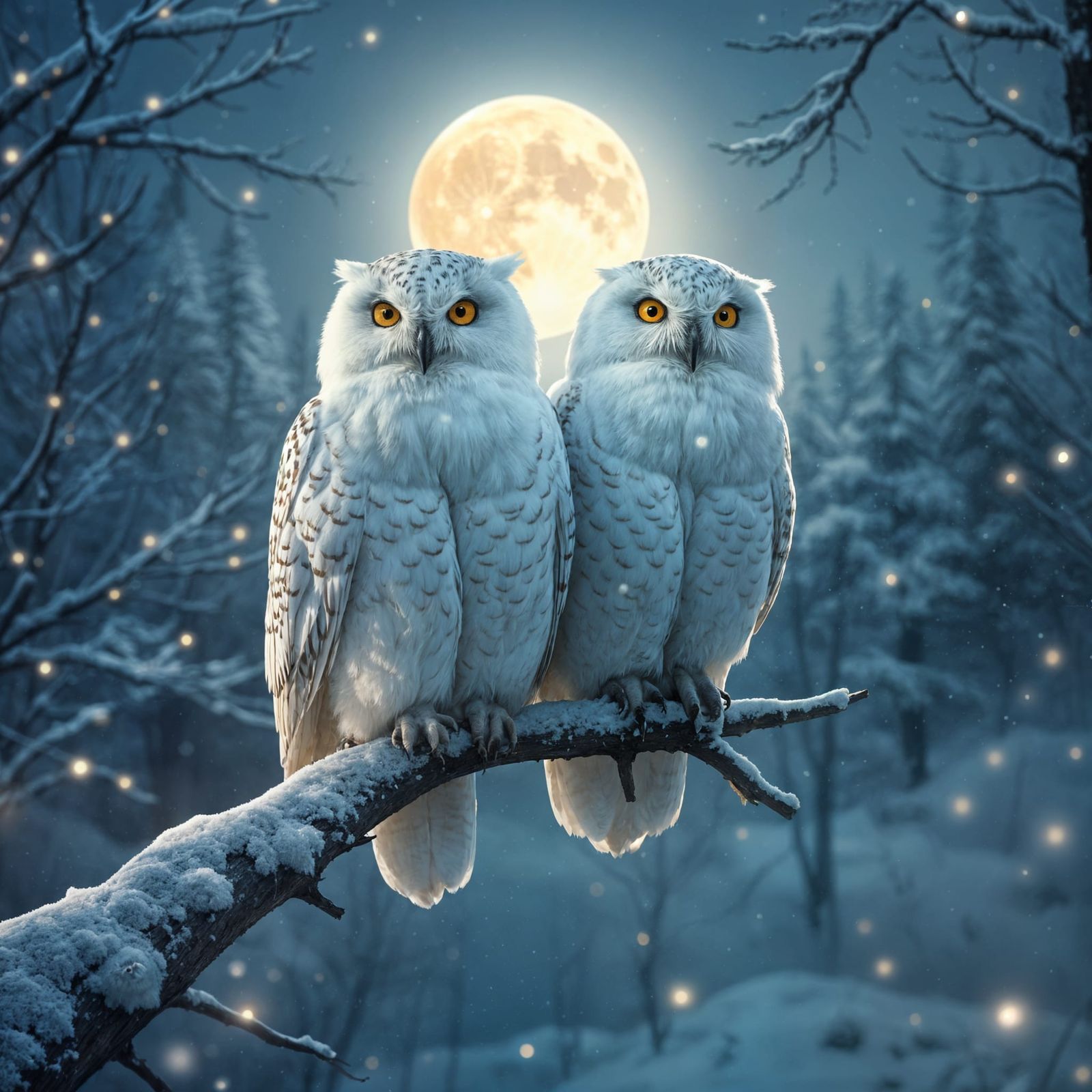 Create an image of a pair of pure white owls perched on a snow-covered branch under a glowing full moon. ...  by @Rayhan Ahmed