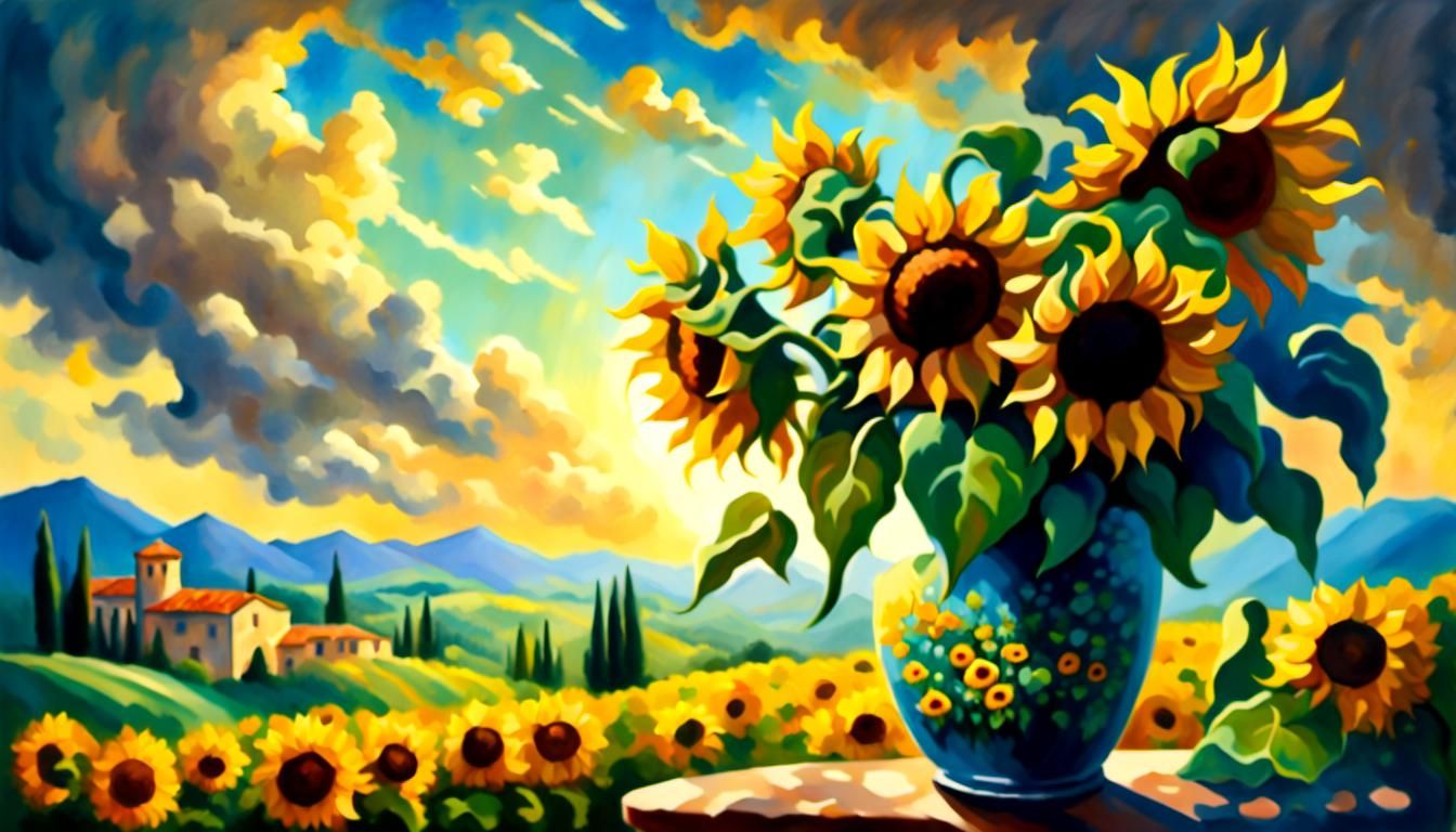 a bouquet of sunflowers and the vastness of Tuscany