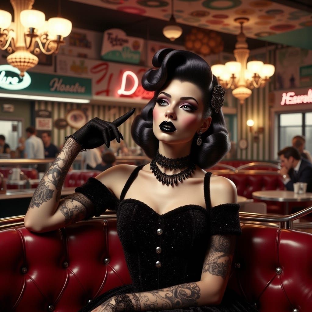  <lora:Midnight Retro V2:1.0> 1950’s gothpunk woman in a diner 
