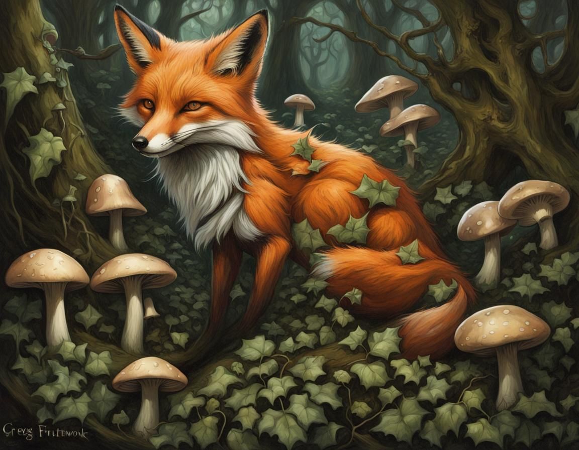 A fox plays with fairies in deep underbrush.  Ivy vines and ...