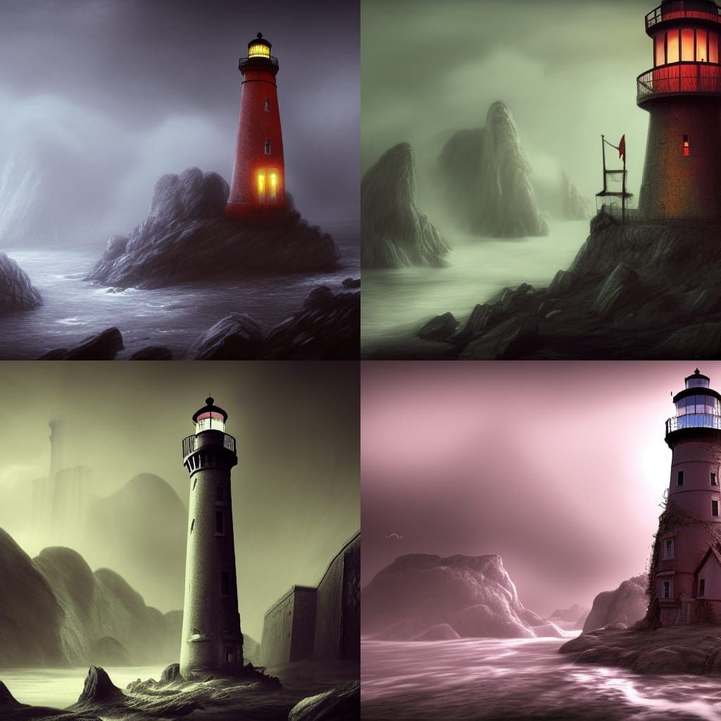 a Spooky haunted lighthouse with blood on its windows, situated on a ...