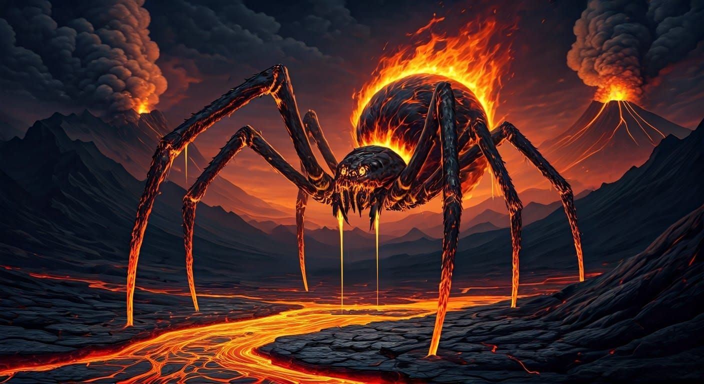 A colossal, otherworldly fire elemental spider with a body a...