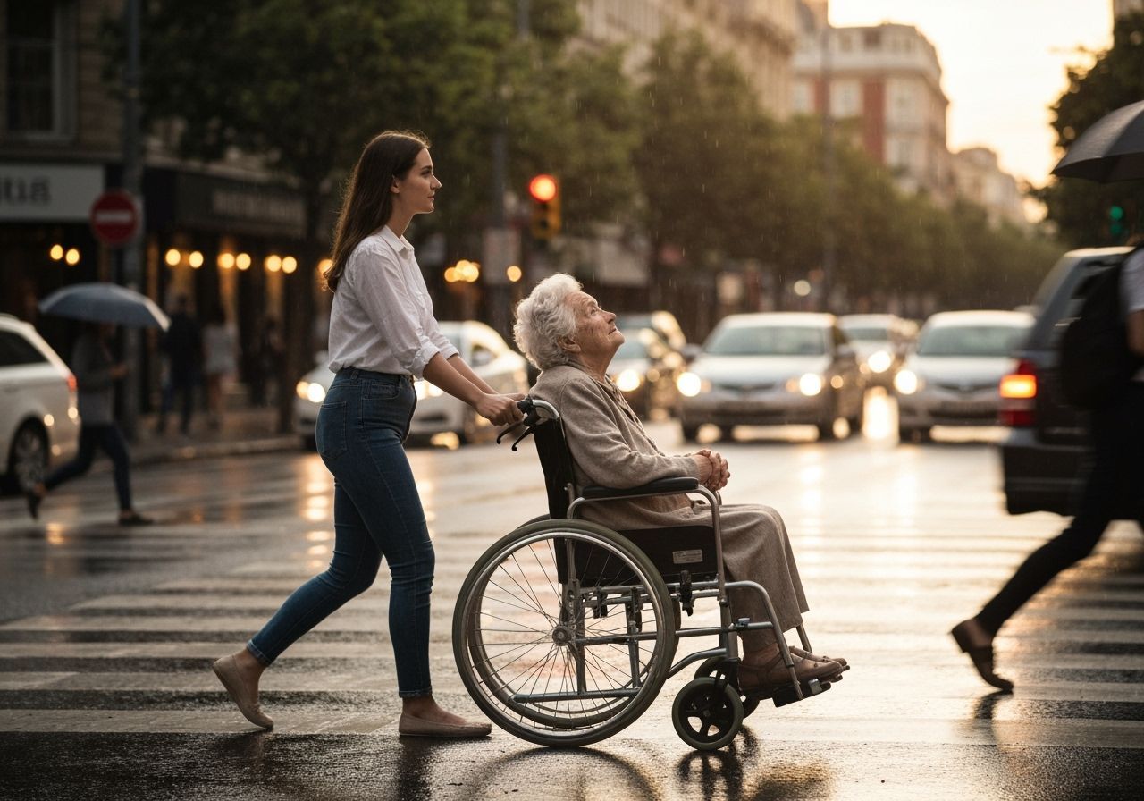 Young Woman Pushes Wheelchair