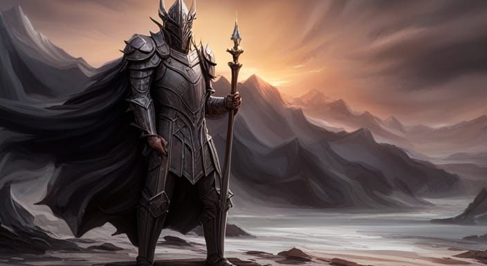 An Epic Cinematic Scene Of Sauron In His Armor, Holding His Mighty 