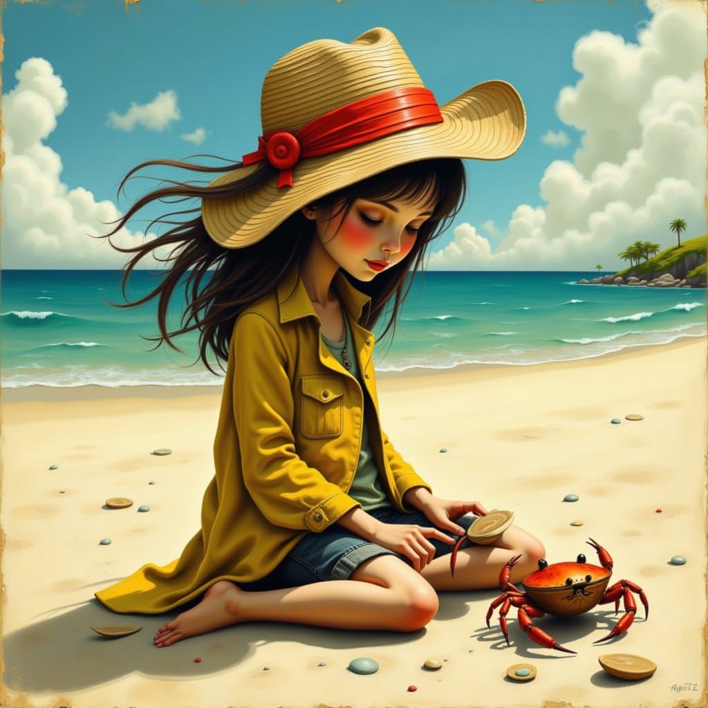a little whymisical Bohemian dark brown haired girl playing with a crab, sitting on a sunny beach, wind, art brut: <lora:ArtBrutFantasy:1.0>...
