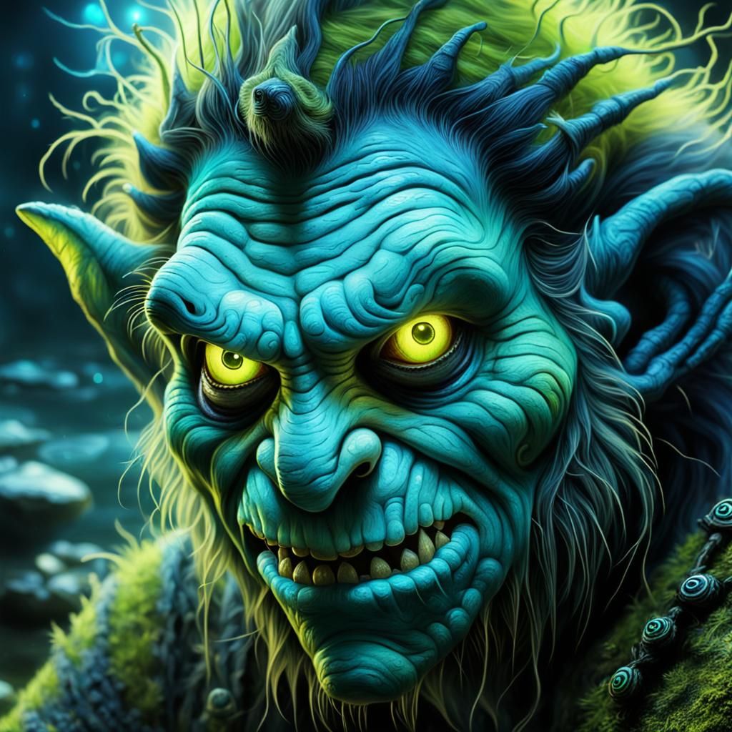 Glowing neon horror  close up fantasy troll, froud, pond, bi...