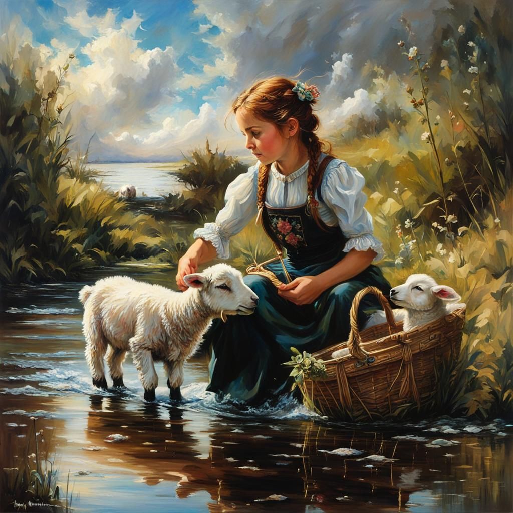 Washing the lambs in the river