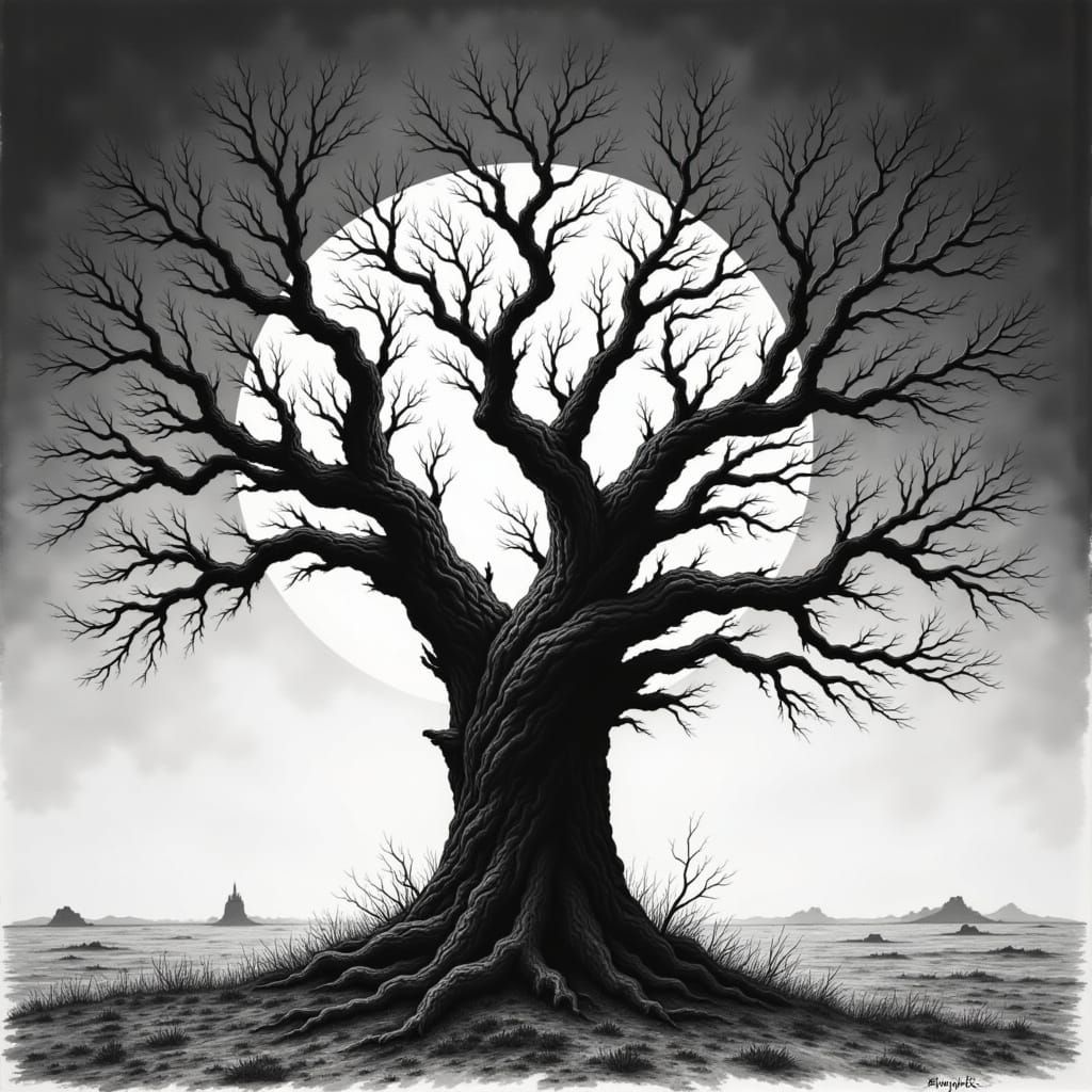 Ancient Oak Tree in Stark Monochromatic Landscape Drawing