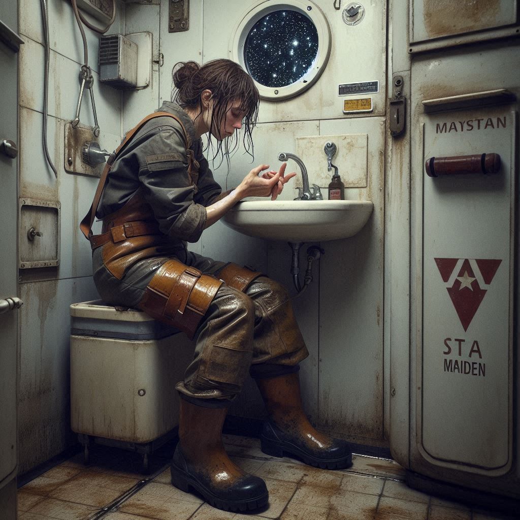 In the restroom of an old spacefreighter, a tired female wor...