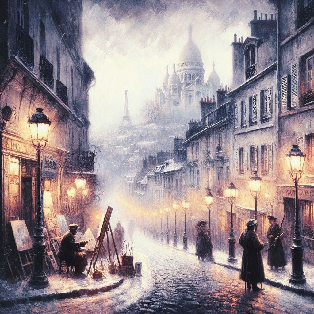 Etched in Shadows, Montmartre's Canvas Under Gaslit Skies.