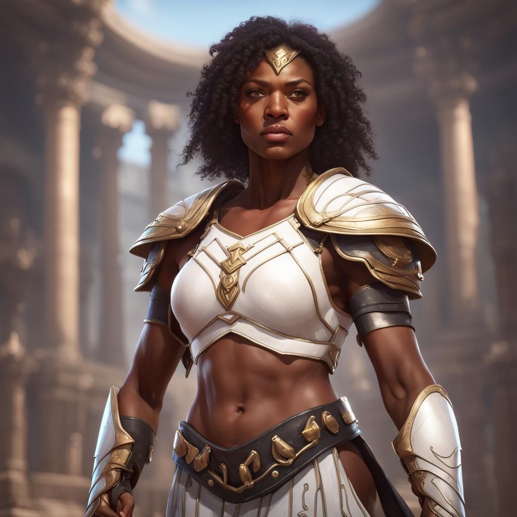 A black female gladiator wearing a white gladiator costume a...
