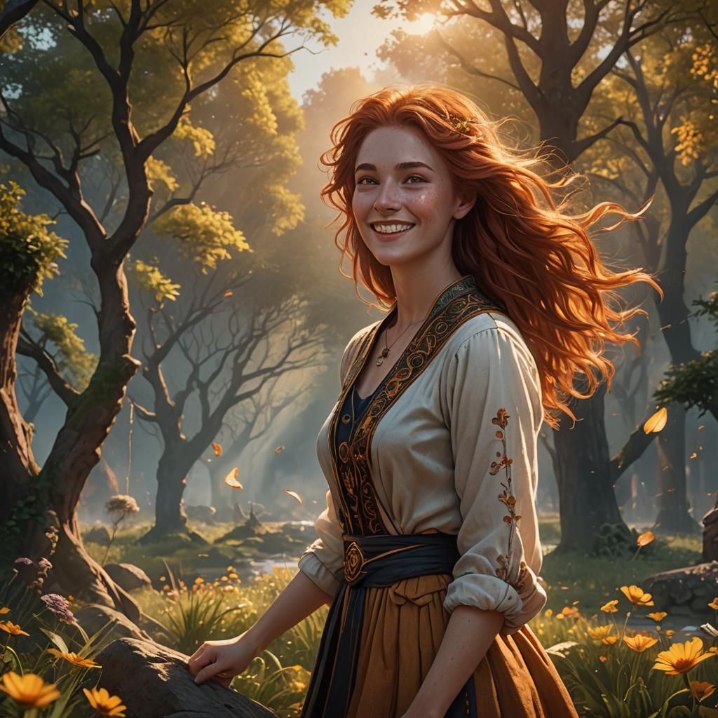 Smiling Auburn-Haired Woman in Golden Hour Light