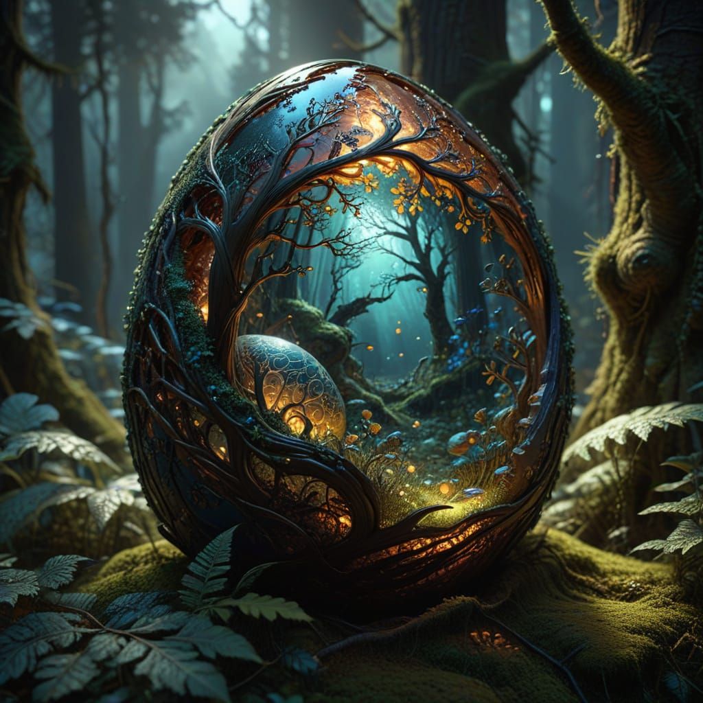 For the Abstract Egg Designs challenge: An egg covered in intricate fractal patterns and glowing with ...  by @Anna Koprivova