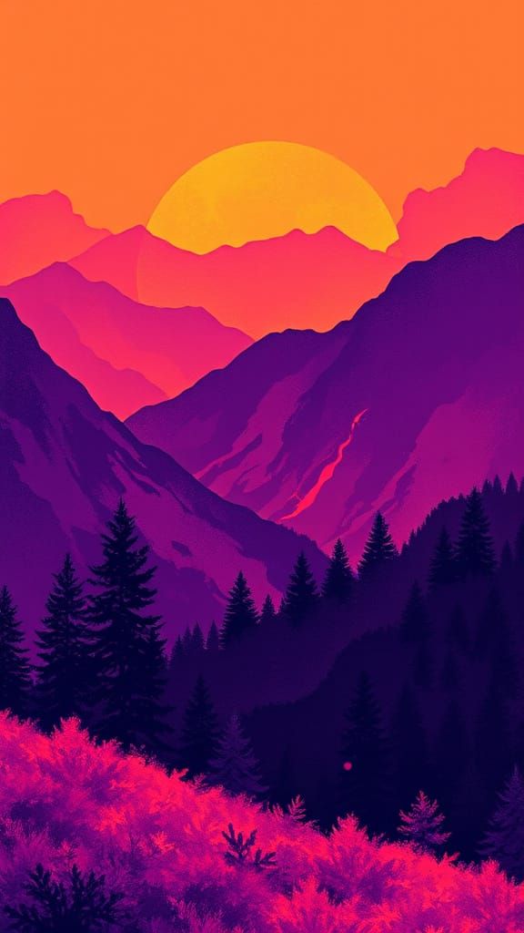 Bright purple and orange abstract image of a landscape with mountains a trees with some dark purple mixed ...  by @Mthatha CHUMA 