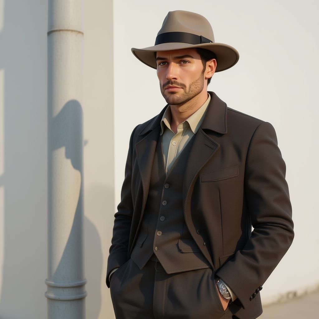 Hyperrealistic portrait of a man in his thirties with a weathered face that is clean shaven and wearing a brown fedora.