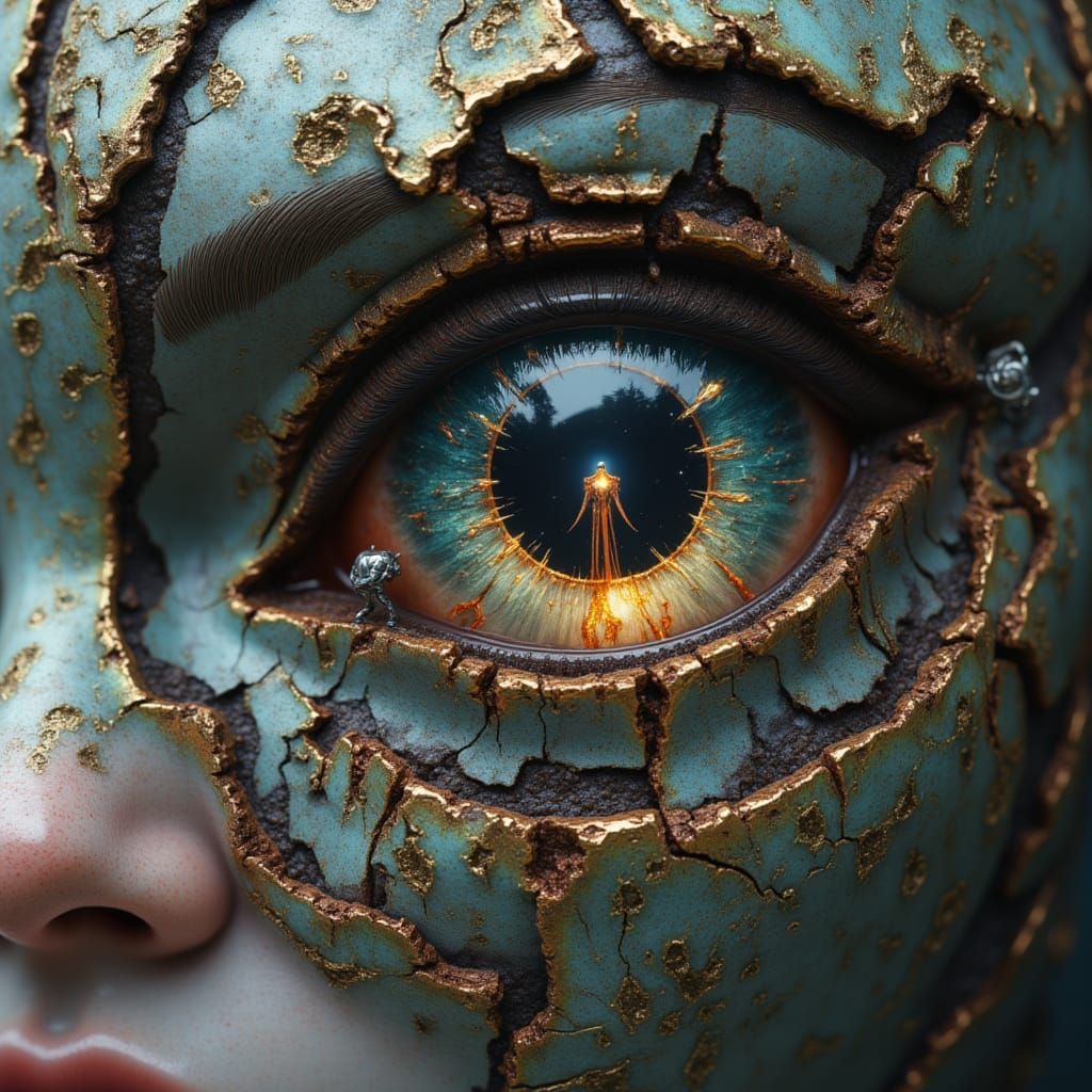 <lora:Fractured Gaze:1.0> A close-up portrait of an cybernetic socket, the rusted metal is made out of fragmented dreams with elements of o...