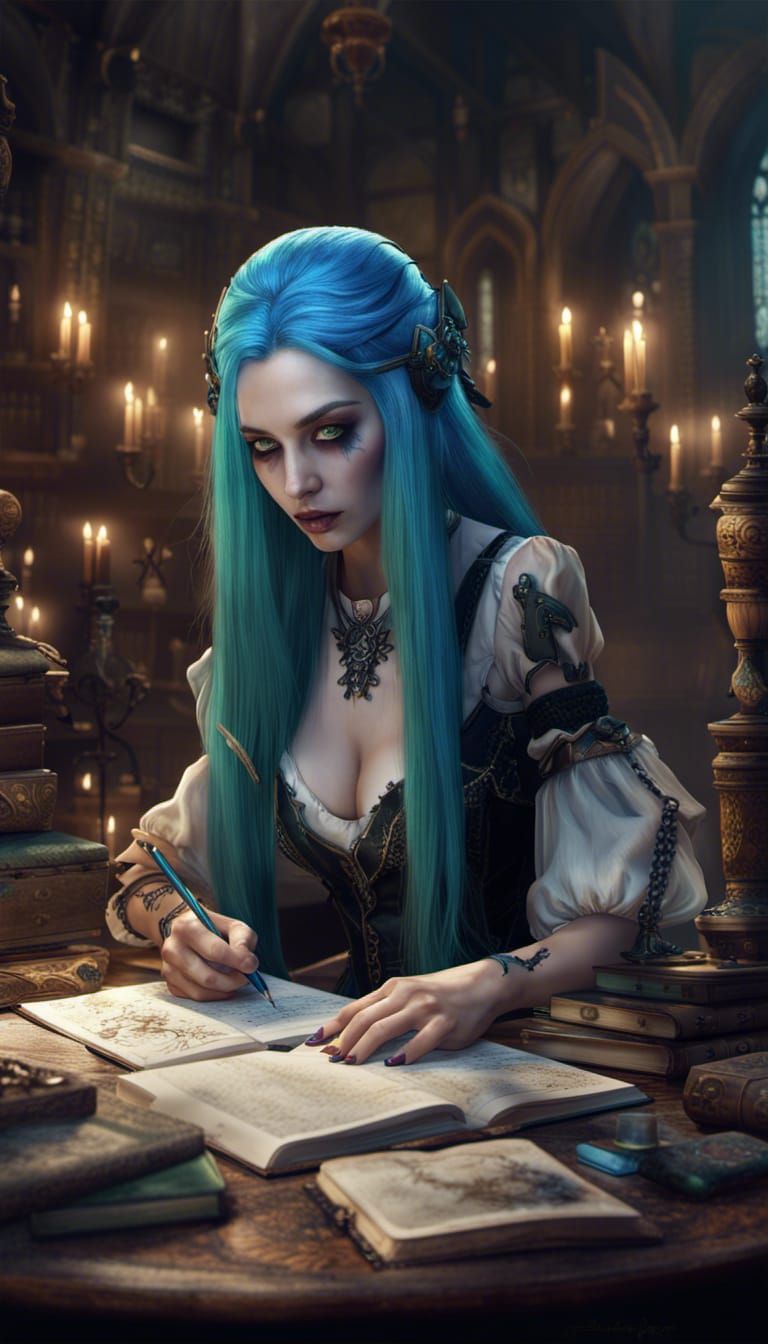 a gothic girl writing a book. The girl has long blue hair. With green  highlights in hair - AI Generated Artwork - NightCafe Creator