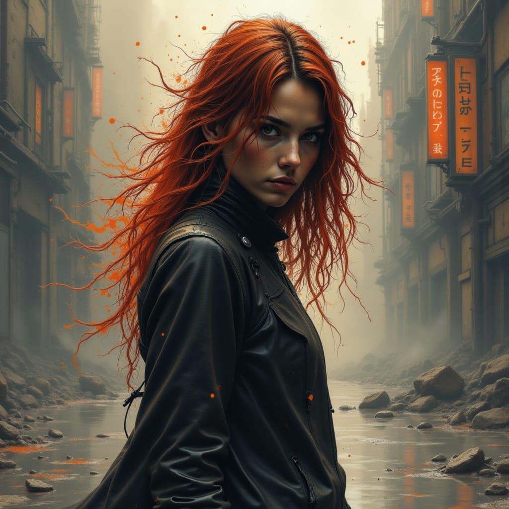 Medium shot of a female sci-fi protagonist in a cyberpunk city on a rainy evening. <lora:Caffeine Grimoire:1.0>, Alcohol ink splashes