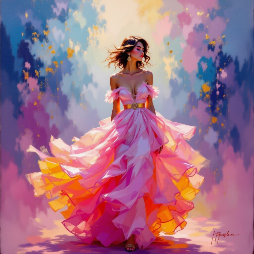 <lora:Painterly Or NotToBe:1.0> woman on the street. Bright, vivid gradients of blue, lilac, fuchsia, and orange—veiled with soft gold—wash ...