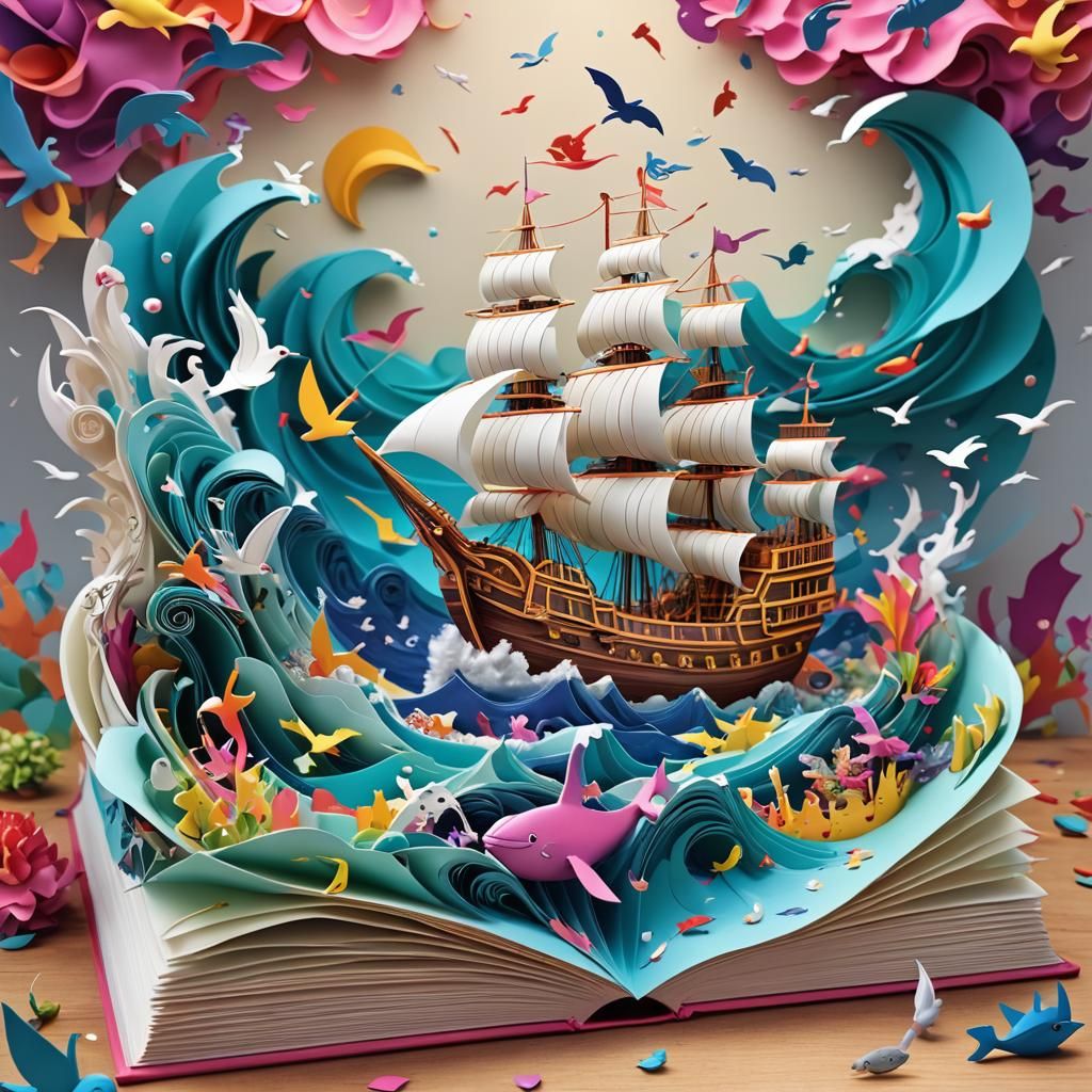 A galleon ship emerging from a paper craft 3D pop-up book  by @EmmaNArt