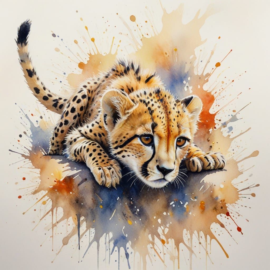 Whimsical Watercolor of a Two-Armed Cheetah Cub