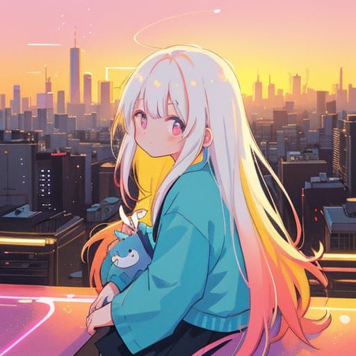 Girl Amidst Tokyo's Neon Hues at Sunset