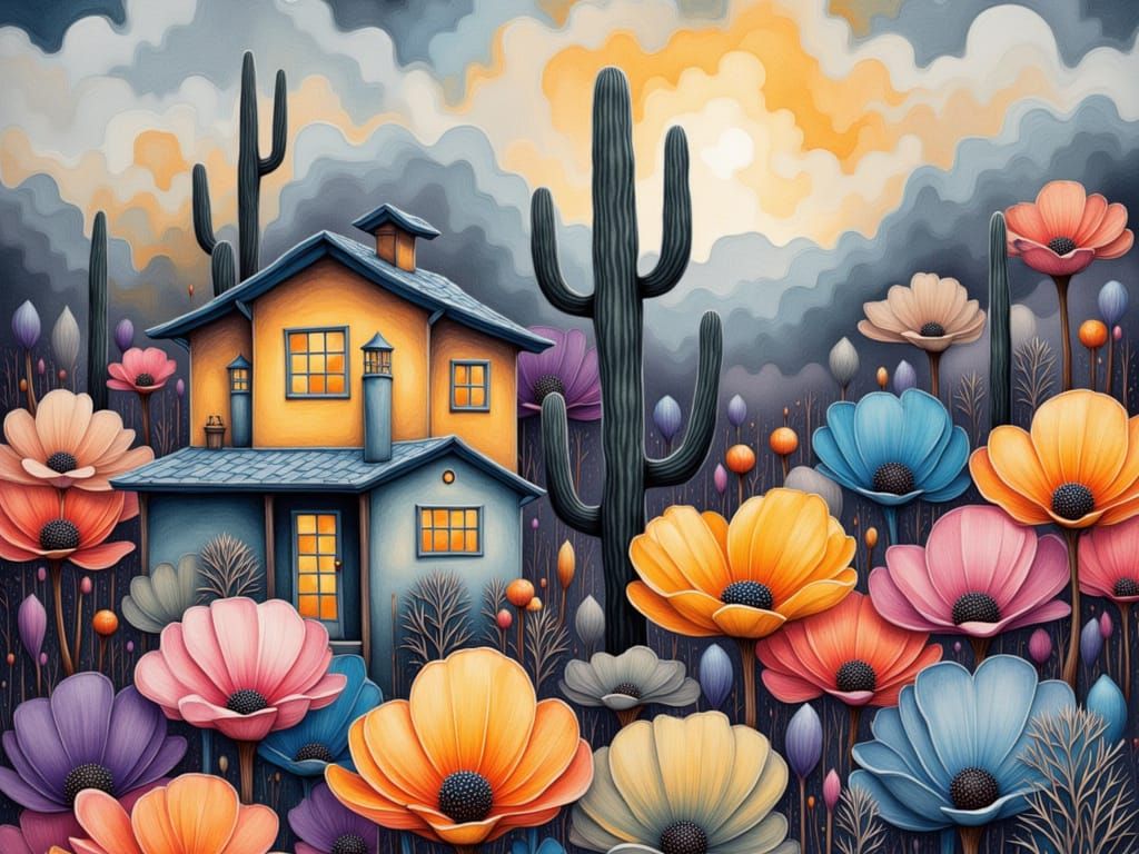 <lora:SAS FROSTY FROZEN:1.0> COTTAGE:: DESERT, CACTUS,
KLIMT-PATTERN-SKY, DALI-PATTERN-FLOWER-FOREGROUND, dark-greyblue, dark-yellow, HIGH-A...