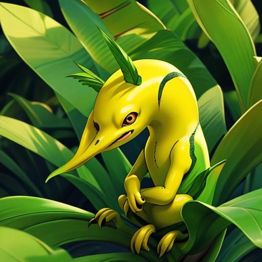 Hyperrealistic Yellow Creature in Banana Field