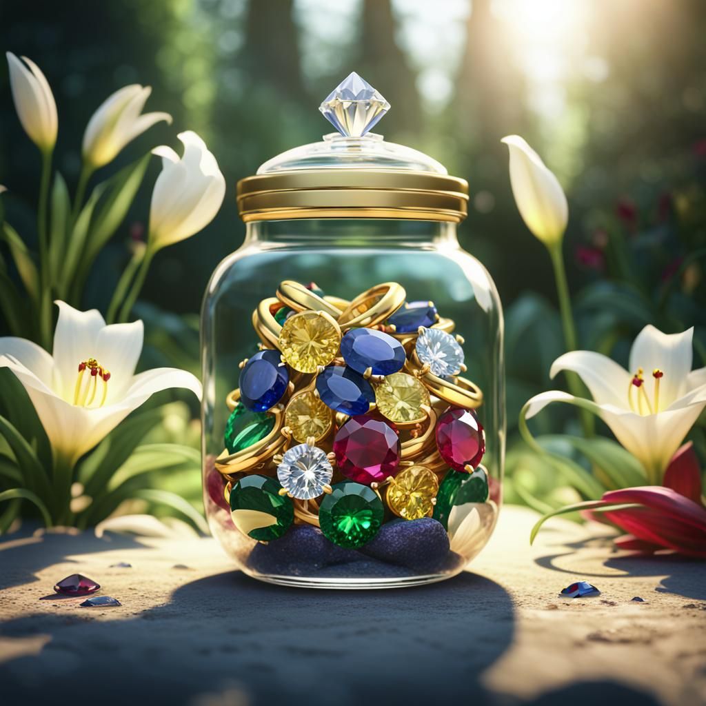 A beautiful jar filled with golden diamond, ruby, emerald, a...