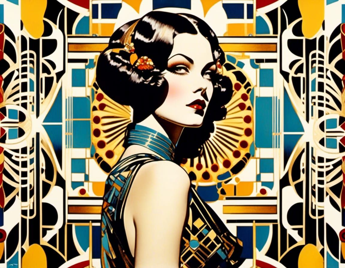 Art Deco J. C. Leyendecker Bohemian woman cinematic dramatic expressionism splash art watercolor psychedelic detailed colorful with graffiti...