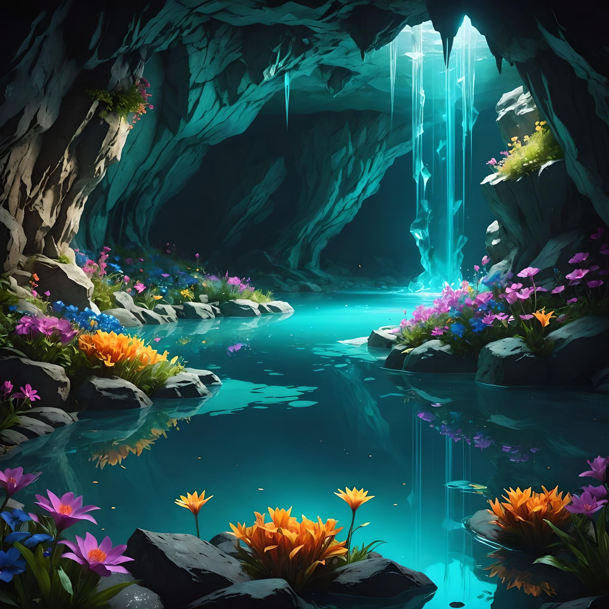 Crystal cave. Beautiful aqua pool. Neon wild flowers. 